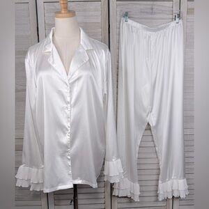 SHEIN Women's White Satin Pajama Set with Ruffle Cuffs and Hem-XL